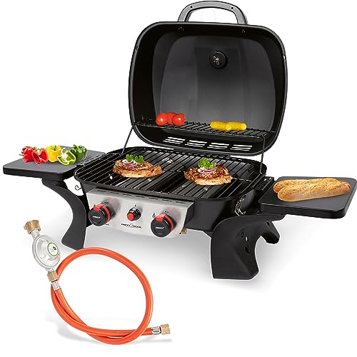 ProfiCook Gasgrill mit 2 Edelstahlbrennern | Tischgrill inkl. Gasdruckminderer &amp; Gasschlauch | Grill mit Stabiler Metallhaube &amp; Temperaturanzeige | Gasgrill klein für Balkon &amp; Camping | PC GG 1261 : Garten