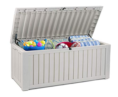 Koll Living Auflagenbox/Kissenbox 570 Liter l 100% Wasserdicht l mit Belüftung dadurch kein übler Geruch/Schimmel l Moderne Holzoptik l Deckel belastbar bis 250 KG (2 Personen) (Weiß): Garten