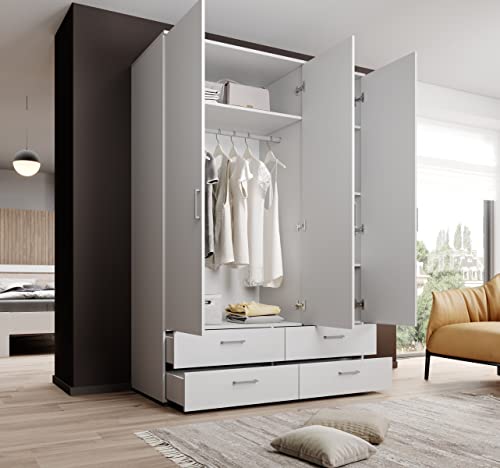 möbelando Kleiderschrank Spazio in Weiß mit 4 Schubladen und 3 Türen. Abmessungen (BxHxT) 137,8x198,6x48 cm : Küche, Haushalt &amp; Wohnen