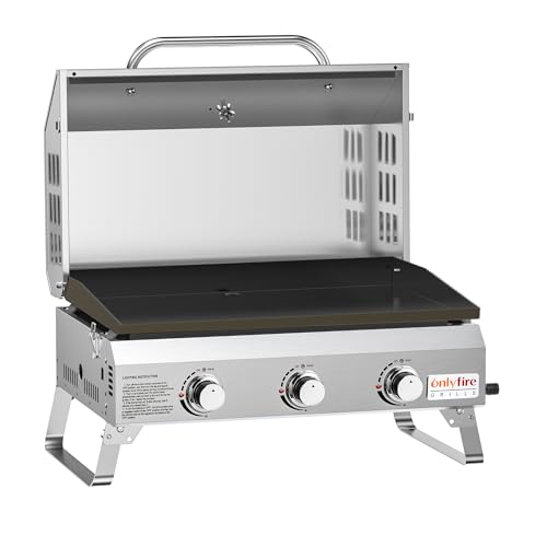 Onlyfire Tischgasgrill mit 3 Brenner | Edelstahl Plancha Gasgrill | mit Deckel, Grillplatte, Thermometer | Grillfläche 57 x 36 cm | Keramische Lackbeschichtung | BBQ Camping | Tragbarer Balkongrill : Garten
