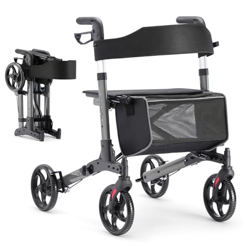 HEAO Rollator faltbar und leicht mit sitz, Aluminium rollatoren für senioren,Reiserollator 6 fach höhenverstellbar, Gehwagen mit abnehmbare Einkaufstasche &amp; rutschfesten Rädern,Grau : Drogerie &amp; Körperpflege