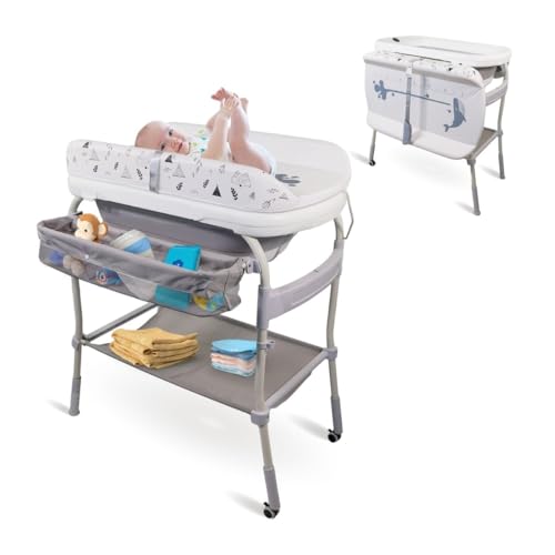 Mobiclinic® kids, 2 in 1 wickeltisch mit badewanne, Trendy, 4 fach höhenverstellbar, Thermometer, Räder bremse, Ablagekorb, Bis 50 kg, Drainageschlauch, 0 36 monate : Baby