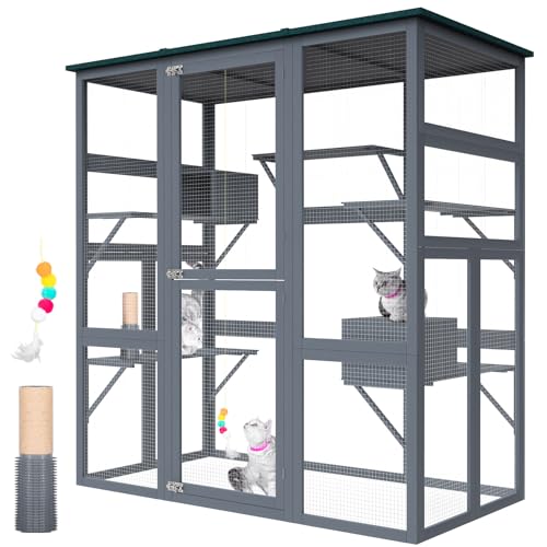 PETVILLE Catio Outdoor Katzengehege Großer begehbarer Katzenkäfig für mehrere Katzen mit wasserdichtem Dach, 5 Plattformen, 2 Ruheboxen, Katzenkratzbaum, 180 cm L x 87 cm B x 160 cm H : Haustier