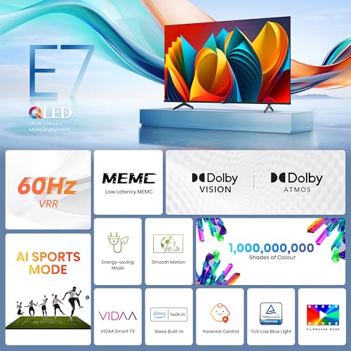 Hisense 43E7NQ 108 cm (43 Zoll) Fernseher, 4K UHD, QLED, HDR10, HDR10  decoding, HLG, Dolby Vision Atmos, 60Hz Panel, Smooth Motion, Bluetooth, Alexa Built in, VIDAA Voice, Schwarz [2024] : Elektronik &amp; Foto