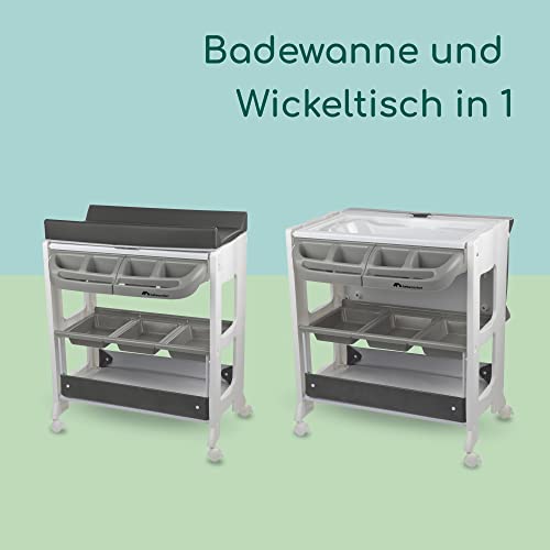 Bebeconfort Dolphy, 2 in 1 Baby Badewanne &amp; Wickelkommode, 0 –12 Monate (max. 11 kg), Einfach Bewegbar Dank 4 Rollen, Aufbewahrungsfächer, Gepolsterte Wickelauflage, Einfache Wannenleerung, Grey Mist : Baby