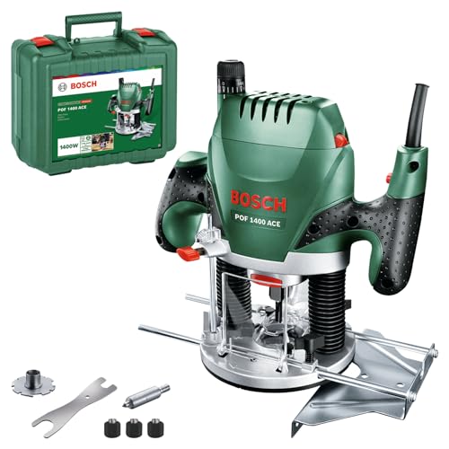 Bosch Oberfräse POF 1400 ACE (1400 W; für Holzbearbeitung; 3x Spannzange; Fräser; Parallelanschlag; Absaugadapter; im Koffer), Testnote: Testsieger (Magazin: selbst ist der Mann) : Baumarkt