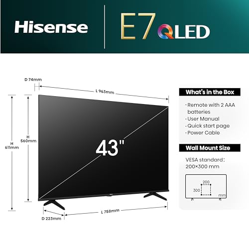 Hisense 43E7NQ 108 cm (43 Zoll) Fernseher, 4K UHD, QLED, HDR10, HDR10  decoding, HLG, Dolby Vision Atmos, 60Hz Panel, Smooth Motion, Bluetooth, Alexa Built in, VIDAA Voice, Schwarz [2024] : Elektronik &amp; Foto