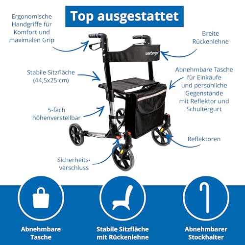 Weinberger leichter klappbarer Alu Rollator all Inclusive mit Tasche Stockhalter Bremsen, Leichtgewicht nur 7,3 kg, höhenverstellbar, Gehwagen Gehhilfe Reiserollator, Farbe Silber Schwarz : Drogerie &amp; Körperpflege