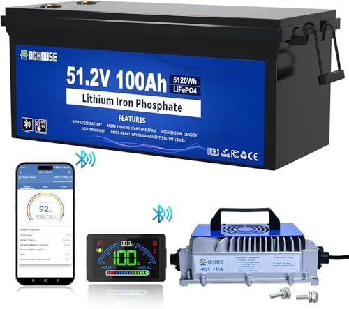 DCHOUSE 48V 100Ah Lifepo4 Golfwagen Lithium Batterie, mit 48V 18A Lithium Batterie Ladegerät, integriertes Smart 200A BMS, LCD Monitor &amp; Mobile APP, Spitzenstrom 600A : Auto &amp; Motorrad