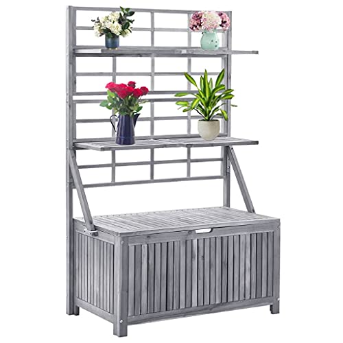 YITHOPI Gartentruhe Gerätebox Tischtruhe für Indoor und Outdoor Aufbewahrungsbox mit Spalier Grau 99x55x160cm Massivholz Akazie,Für Terrassenmöbelauflagen, Poolspielzeug und Gartengeräte: Garten